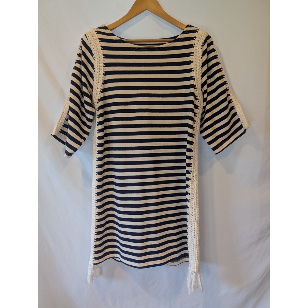 Pepin Navy White Striped Crochet Trim Fringe Shift Dress Womens Size Medium